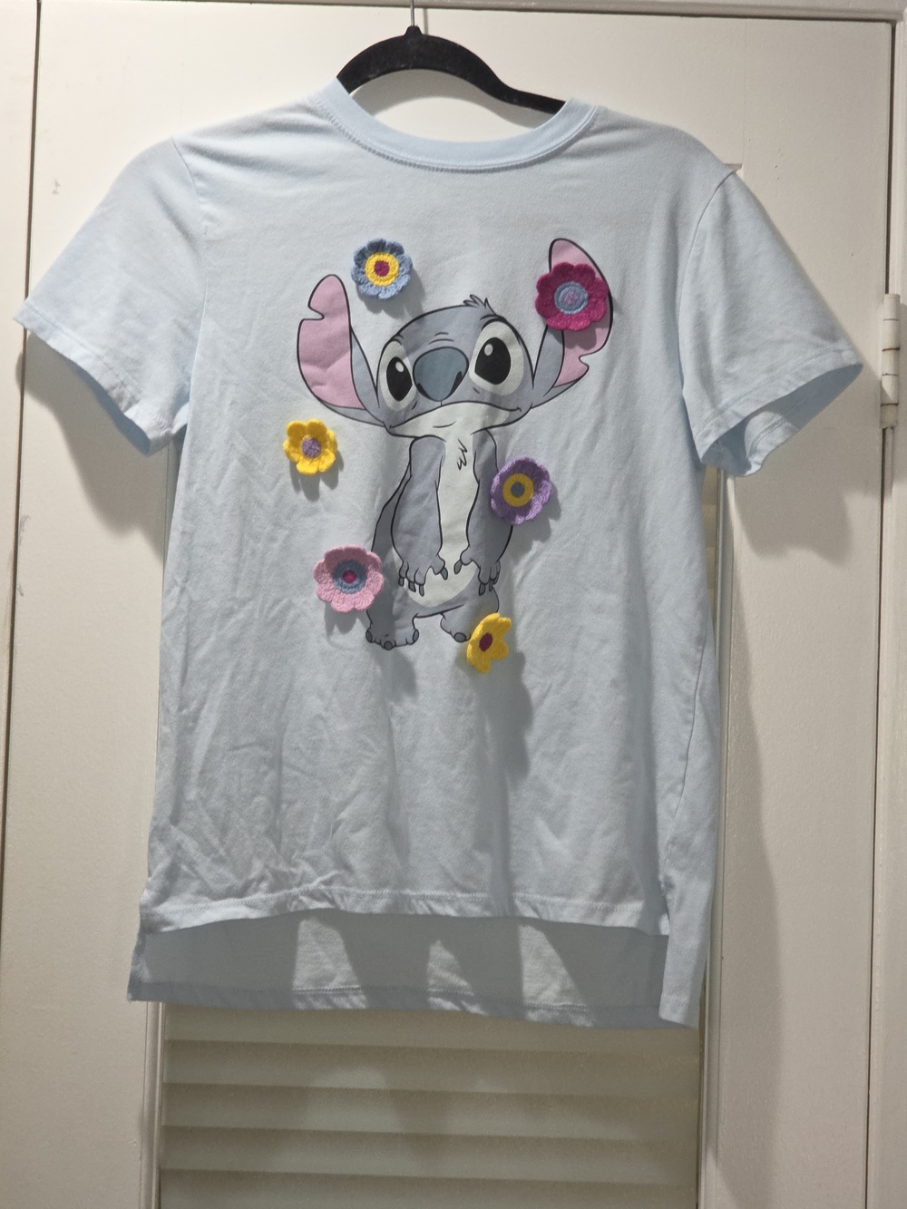 Disney Light Blue Stitch Tee with Floral Appliqués